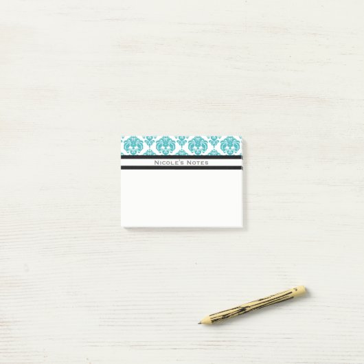 Aquamarines Aqua White Damask Muster Modernes Pers Post-it Klebezettel (Auf Schreibtisch)