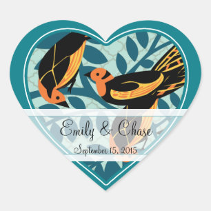 Aquamarines Art Deco Love Birds Sitzen in einer Ba Herz-Aufkleber