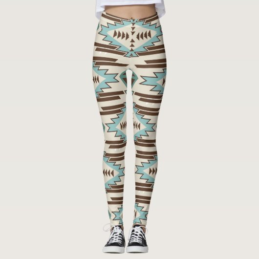 Aquamarines aztekisches Stammes- Muster Browns Leggings (Vorderseite)