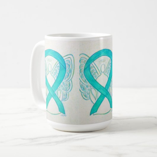 Aquamarines Bewusstsein Ribbon Angel Art Tasse (Vorderseite Links)