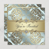 Aquamarines Black Gold Damask Party Einladung (Vorne/Hinten)