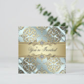Aquamarines Black Gold Damask Party Einladung (Stehend Vorderseite)