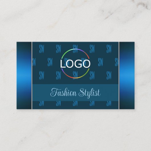 Aquamarines Blau mit Logo-Foto und Monogramm-Muste Visitenkarte (Vorderseite)