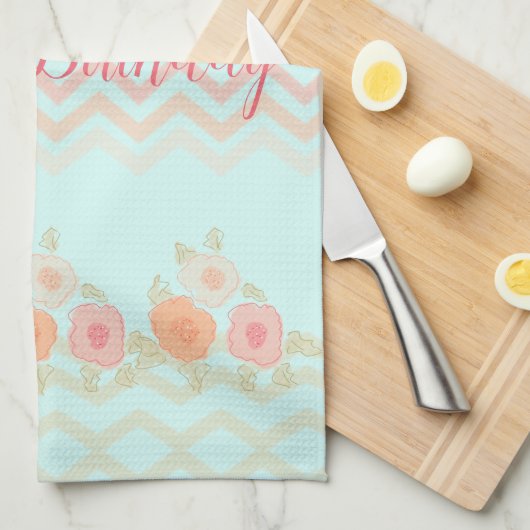 Aquamarines Blau mit modernem Blumendesign Geschirrtuch (Viertel Falte)