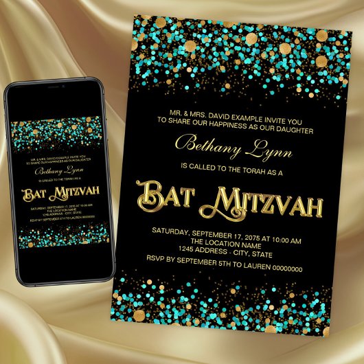 Aquamarines Blau und Gold Bat Mitzvah Einladung