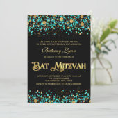 Aquamarines Blau und Gold Bat Mitzvah Einladung (Stehend Vorderseite)