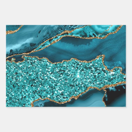 Aquamarines Blau und Gold Imitate Glitzer Agate Geschenkpapier Set (Vorderseite 2)