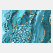 Aquamarines Blau und Gold Imitate Glitzer Agate Geschenkpapier Set (Vorderseite)