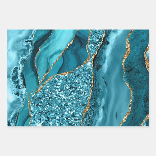 Aquamarines Blau und Gold Imitate Glitzer Agate Geschenkpapier Set (Vorderseite)