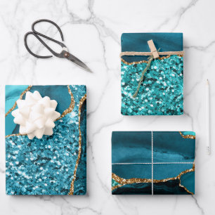 Aquamarines Blau und Gold Imitate Glitzer Agate Geschenkpapier Set