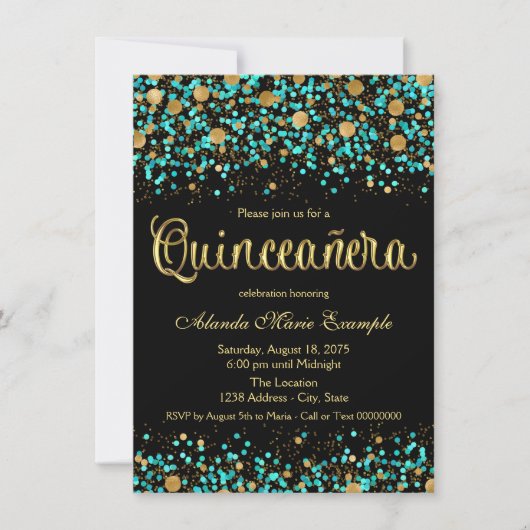 Aquamarines Blau und Gold Quinceanera Einladung (Vorderseite)