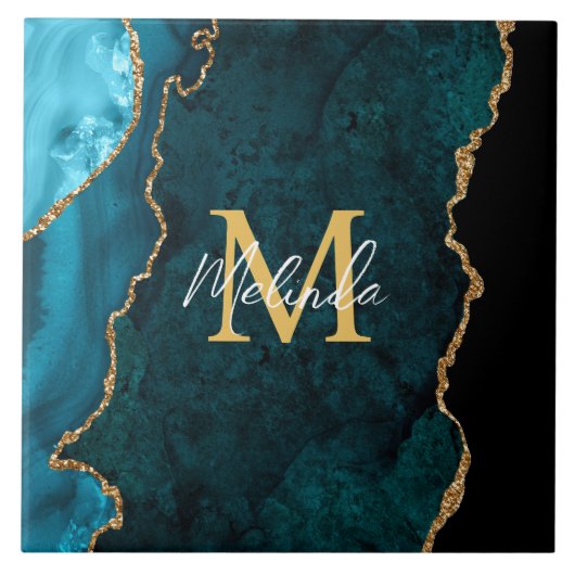 Aquamarines Blau und Goldmarmor Agate Fliese (Vorderseite)