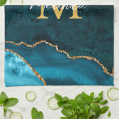 Aquamarines Blau und Goldmarmor Agate Geschirrtuch (Gefaltet)