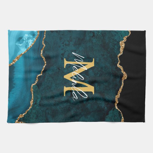 Aquamarines Blau und Goldmarmor Agate Geschirrtuch (Horizontal)