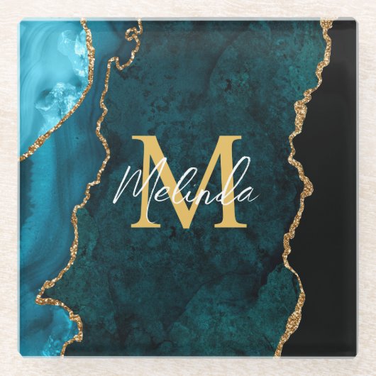 Aquamarines Blau und Goldmarmor Agate Glasuntersetzer (Vorderseite)