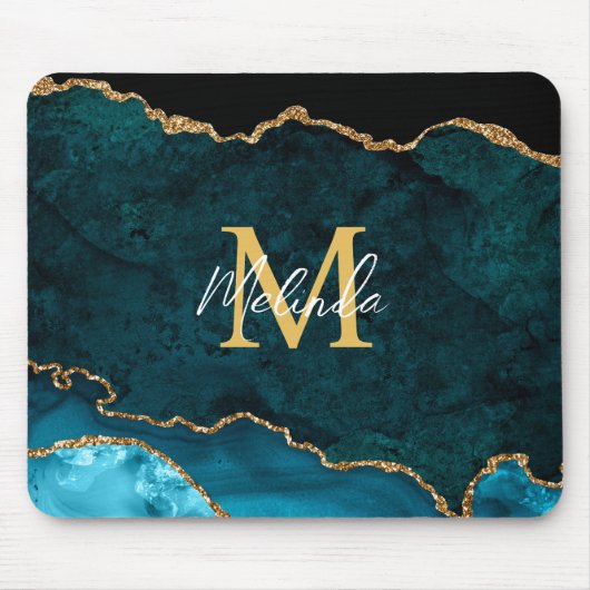 Aquamarines Blau und Goldmarmor Agate Mousepad (Vorne)