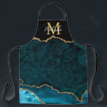 Aquamarines Blau und Goldmarmor Agate Schürze<br><div class="desc">Diese Schürze besticht durch einen eleganten und glamourösen Marmorhintergrund mit geode gemstone Details und Imitaten goldenen Glitzer Akzente. Das Monogramm kombiniert handgeschriebene Skripte mit modernen serifenlosen Schriftart für ein elegantes und raffiniertes Aussehen. Dies wird das ideale Geschenk, da es mit einem Namen und Initial angepasst werden kann. Die tiefen aquamarinen...</div>