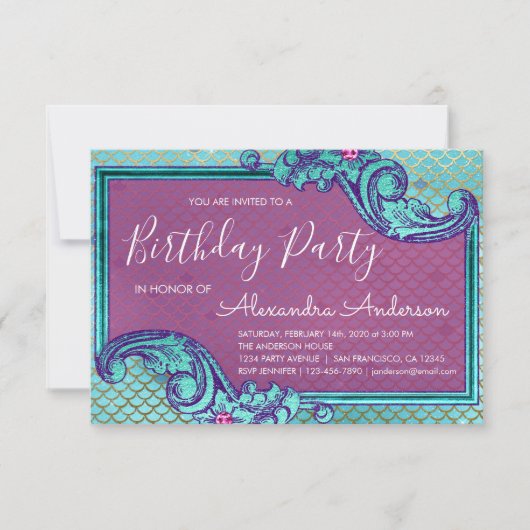 Aquamarines Blau und Lila Meerjungfrauenskala Gebu Einladung (Vorderseite)