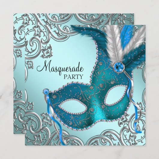 Aquamarines Blau- und Silbermasken-Party Einladung (Vorne/Hinten)