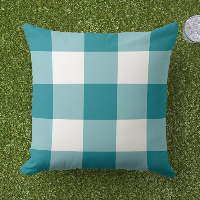 Aquamarines Blau und Weiß Gingham Kariertes Muster Kissen (Gras)