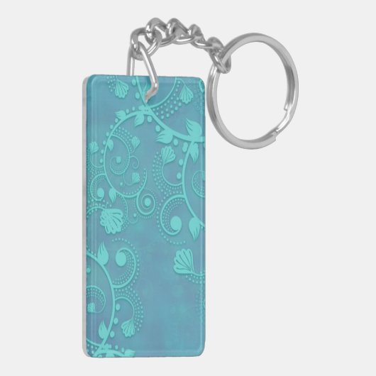Aquamarines blaues Damasdesign Schlüsselanhänger (Rückseite links)