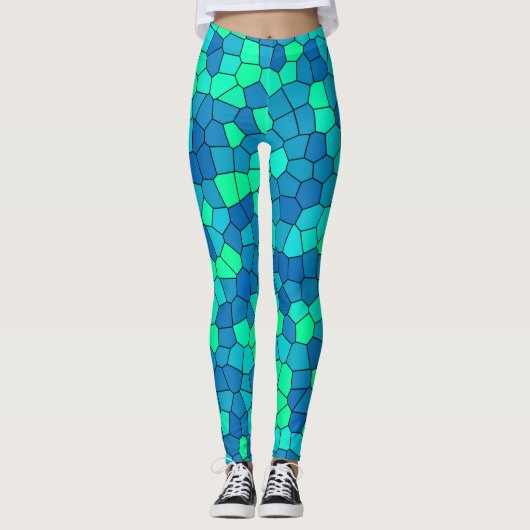 Aquamarines blaues, grün-zyanfarbenes Glasmuster Leggings (Vorderseite)