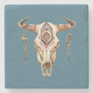 Aquamarines blaues Indianerstammhorn Skull Steinuntersetzer