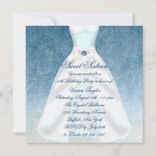 Aquamarines blaues Kleid Aquamarin 16 . Geburtstag Einladung (Vorderseite)