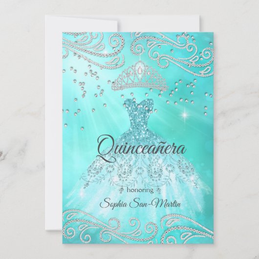 Aquamarines blaues Kleid Silver Quinceanera 15. Ge Einladung (Vorderseite)