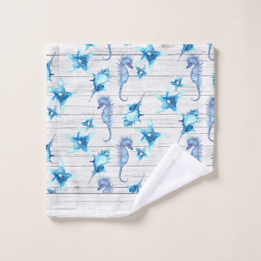 Aquamarines blaues Küstenmeer-Leben Weißholz Badhandtuch Set (Waschlappen)