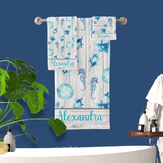 Aquamarines blaues Küstenmeer-Leben Weißholz Badhandtuch Set