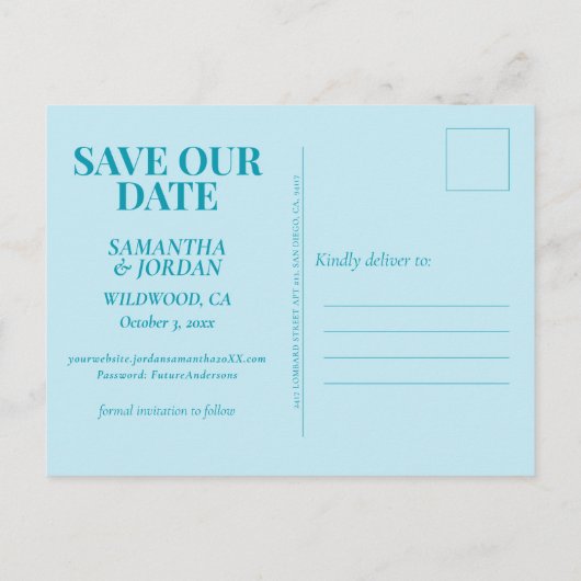 Aquamarines blaues Match Save the Date im Himmel Postkarte (Rückseite)