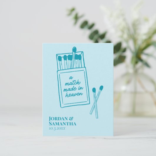Aquamarines blaues Match Save the Date im Himmel Postkarte (Stehend Vorderseite)