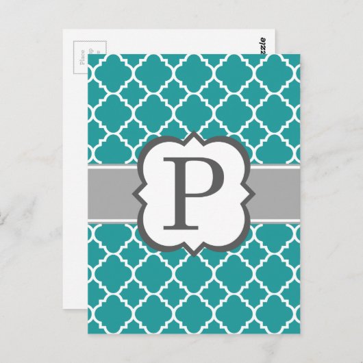 Aquamarines blaues Monogramm Letter P Quatrefolie Postkarte (Vorne/Hinten)