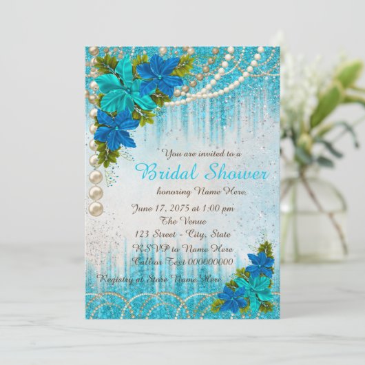 Aquamarines blaues Perlmuttveilchen Brautparty Einladung (Stehend Vorderseite)
