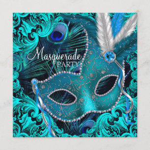 Aquamarines blaues Pfau-Masken-Maskerade-Party Einladung