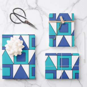 Aquamarines blaues Quadrat-Dreieck Geometrie Geschenkpapier Set