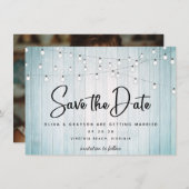 Aquamarines blaues rustikales Foto mit Holzstring Save The Date (Vorne/Hinten)