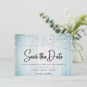 Aquamarines blaues rustikales Foto mit Holzstring Save The Date (Stehend Vorderseite)