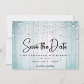 Aquamarines blaues rustikales Foto mit Holzstring Save The Date (Vorderseite)