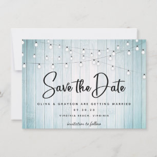 Aquamarines blaues rustikales Foto mit Holzstring Save The Date