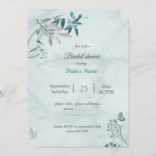 aquamarines blaues Schmetterling-Blätter Brautpart Einladung (Vorne/Hinten)