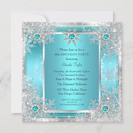 Aquamarines Blaues Schneeflocken Silberes Winterwu Einladung (Vorderseite)