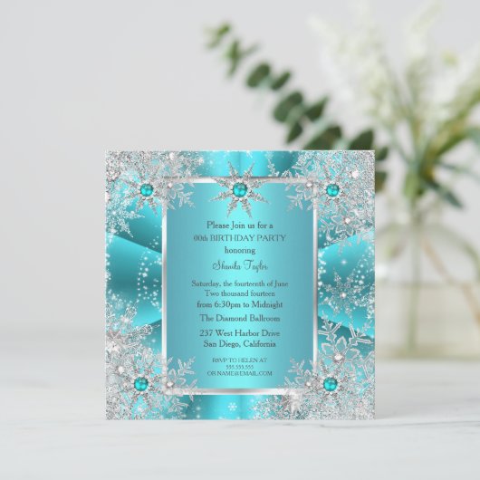 Aquamarines Blaues Schneeflocken Silver Winter Wun Einladung (Stehend Vorderseite)