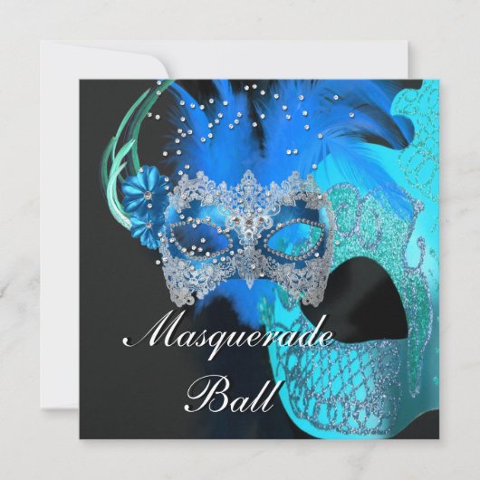 Aquamarines blaues Schwarzes Masquerade Ball Party Einladung (Vorderseite)