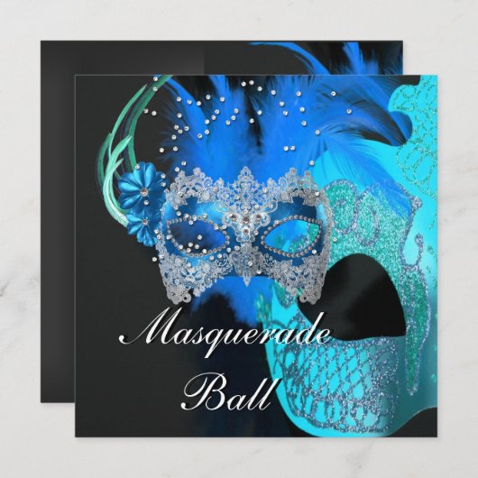 Aquamarines blaues Schwarzes Masquerade Ball Party Einladung (Vorne/Hinten)