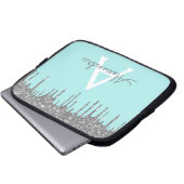 Aquamarines blaues Silber-Glitzer-Sparkon-Monogram Laptopschutzhülle (Vorne Knopf)
