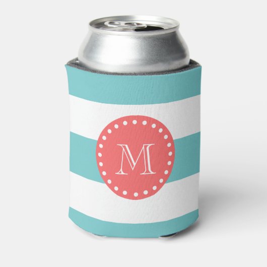 Aquamarines blaues Streifen-Muster, Korallenmonogr Dosenkühler (Kanne Rückseite)