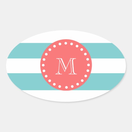 Aquamarines blaues Streifen-Muster, Korallenmonogr Ovaler Aufkleber (Vorderseite)