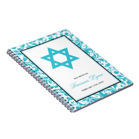 Aquamarines blaues Strudel-Damast-Schläger Mitzvah Notizblock (Rechte Seite)